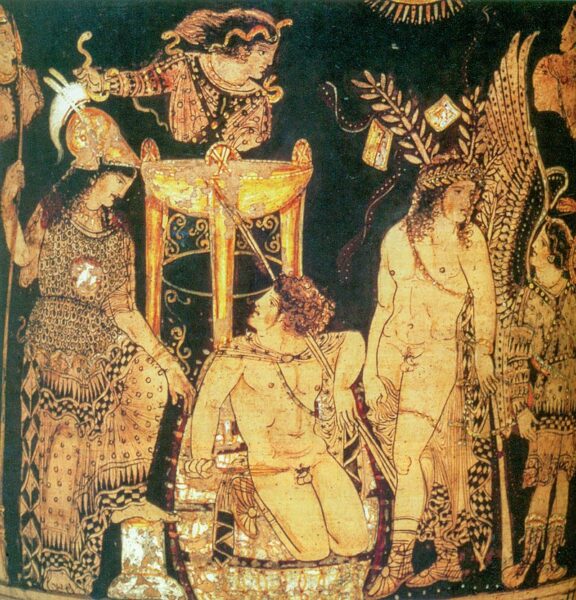 theatre scene on a vase painting : Scanned by Szilas from the book J. M. Roberts: Kelet-Ázsia és a klasszikus Görögország (East Asia and Classical Greece)