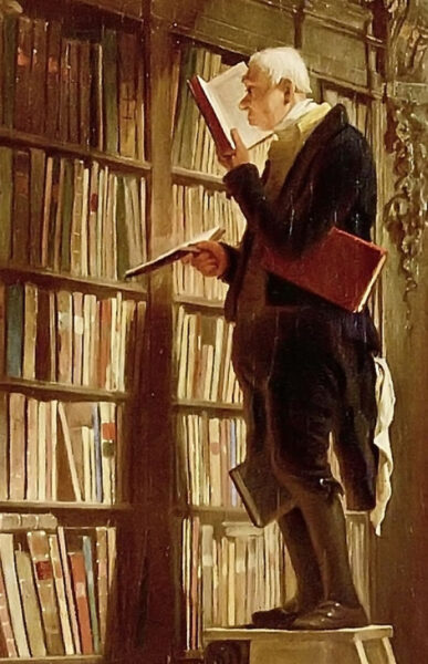 Carl Spitzweg, Le rat de bibliothèque, détail, huile sur toile, 1850