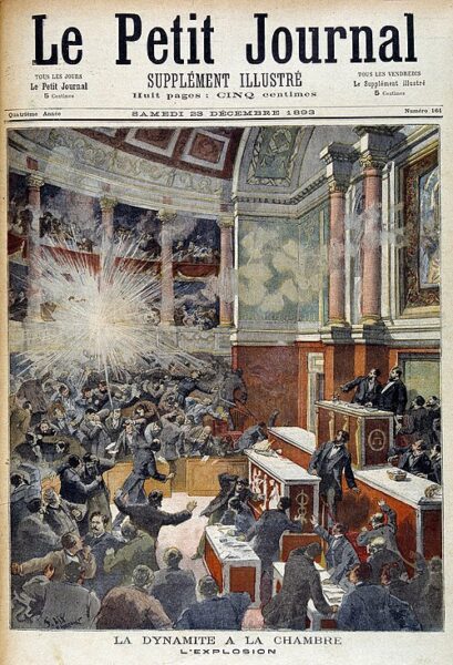 « La dynamite à la Chambre. L'explosion ». Gravure d'après un dessin de Frédéric Lix à la une du supplément illustré du Petit Journal, le 23 décembre 1893.