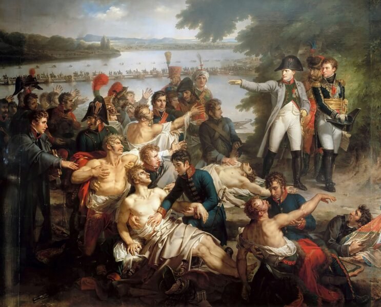 (Retour de Napoléon sur l'île Lobau après la bataille d'Essling, Charles Meynier, 1812)